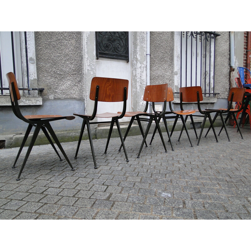 Set of 6 wooden and black steel chairs, Friso KRAMER - 1950s