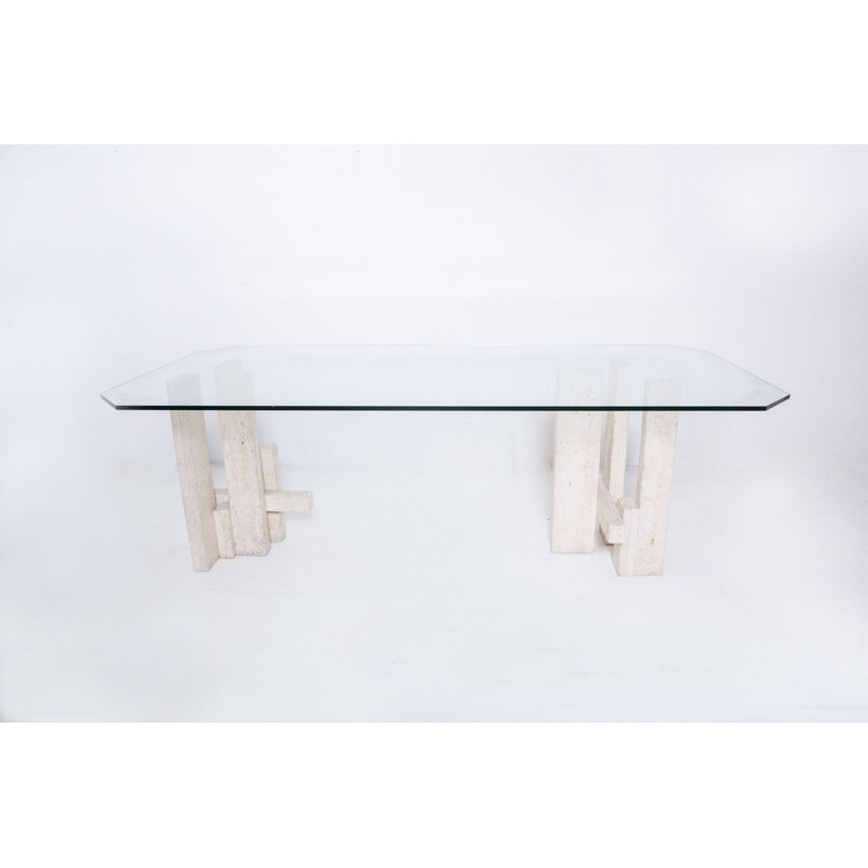 Vintage architectural table in travertine and glass by Willy Ballez, Belgium 1970