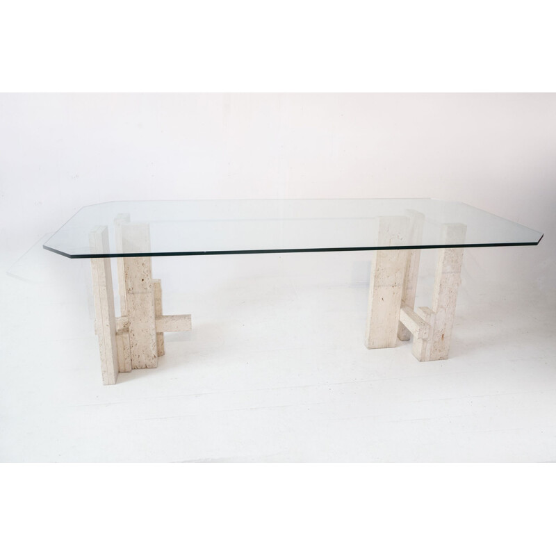 Vintage architectural table in travertine and glass by Willy Ballez, Belgium 1970