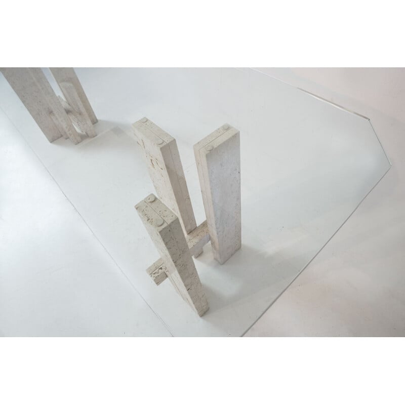 Vintage architectural table in travertine and glass by Willy Ballez, Belgium 1970