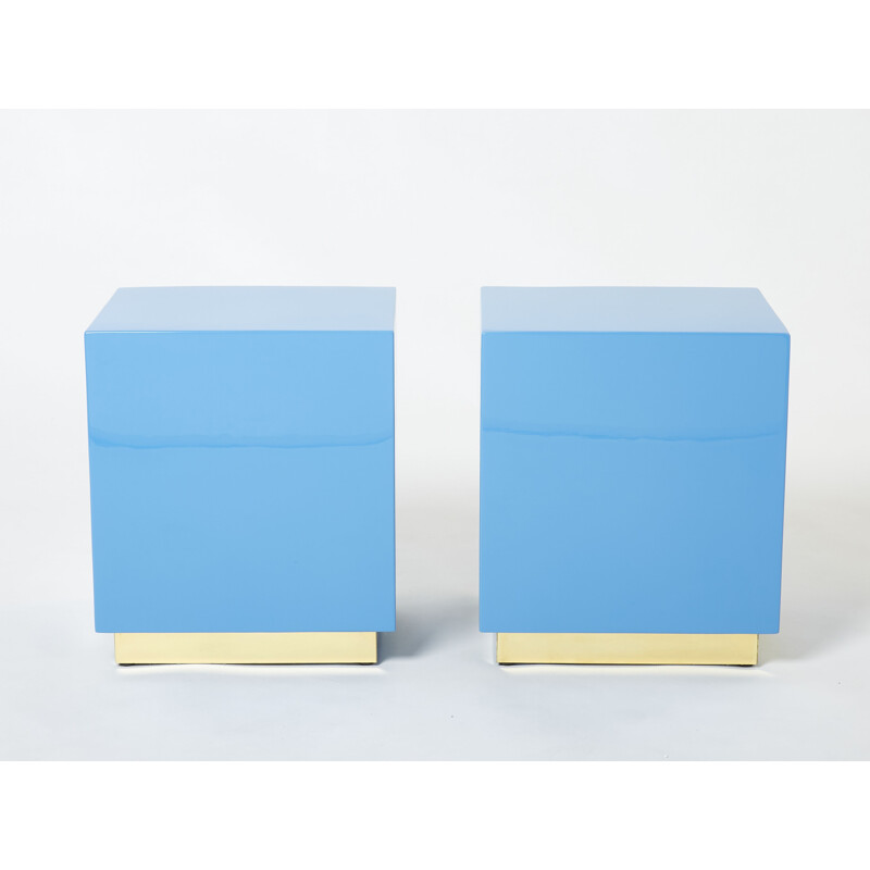 Pair of vintage night stands in blue lacquer by Guy Lefevre for Jansen, 1970