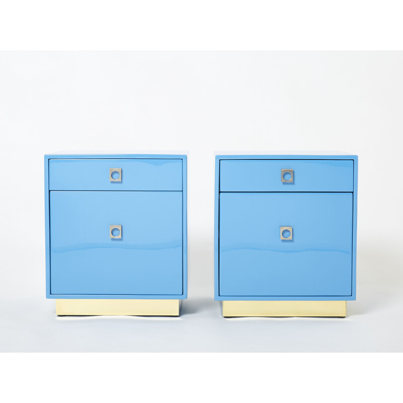 Vintage-Nachttischpaar in blauem Lack von Guy Lefevre für das Haus Jansen, 1970