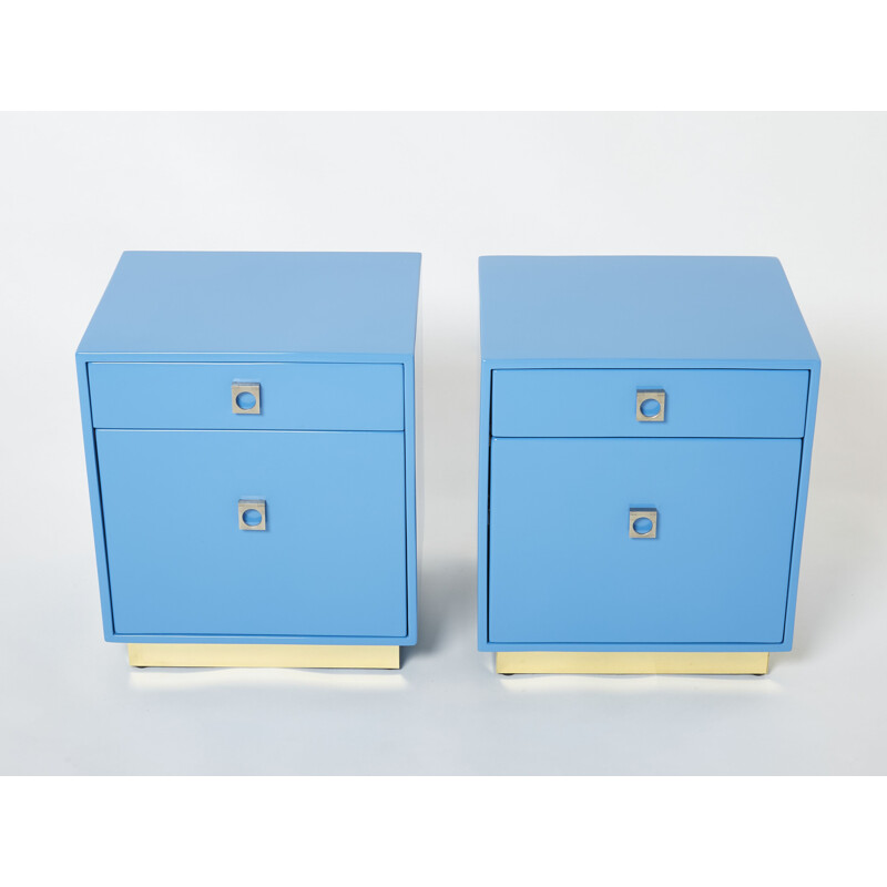 Pair of vintage night stands in blue lacquer by Guy Lefevre for Jansen, 1970