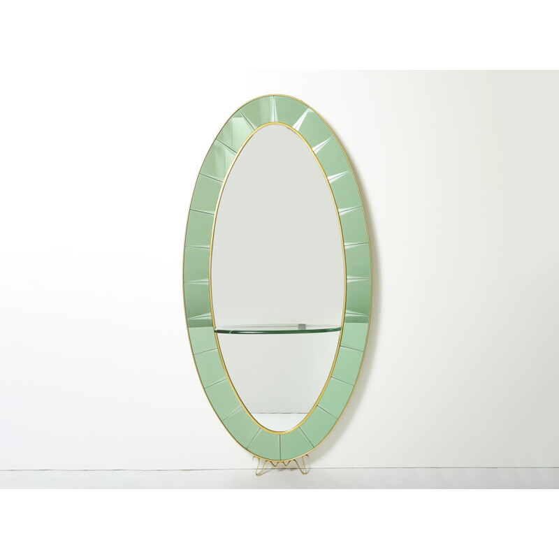 Vintage Italian oval mirror in brass and green crystal by Cristal Arte, 1950
