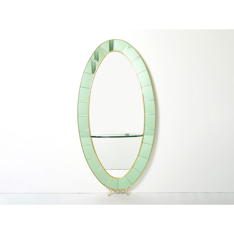 Espelho oval italiano Vintage em latão e cristal verde de Cristal Arte, 1950