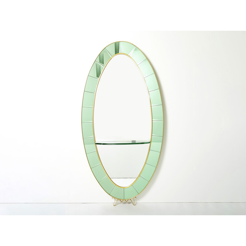 Specchio ovale italiano d'epoca in ottone e cristallo verde di Cristal Arte, 1950