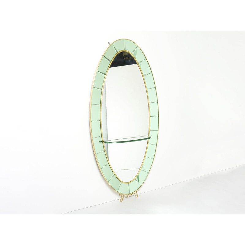 Vintage Italian oval mirror in brass and green crystal by Cristal Arte, 1950