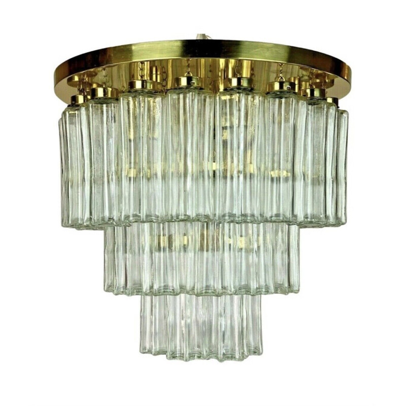 Vintage glass and brass chandelier from Glashütte Limburg, 1970