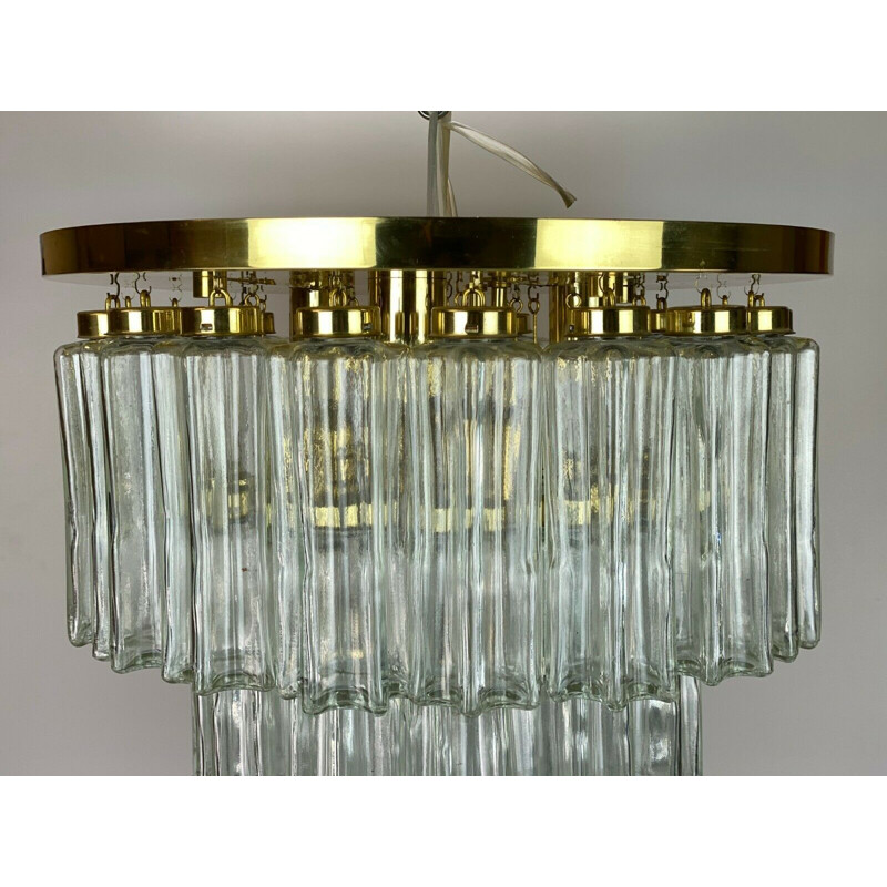 Vintage glass and brass chandelier from Glashütte Limburg, 1970