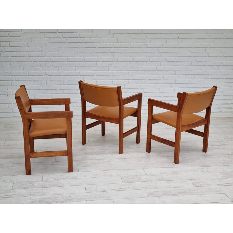 Juego de 3 sillones vintage de cuero y madera de haya de H.J.Wegner, 1960