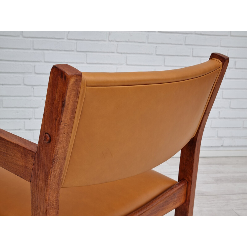 Set of 3 vintage armchairs in leather and beech wood by H.J.Wegner, 1960s