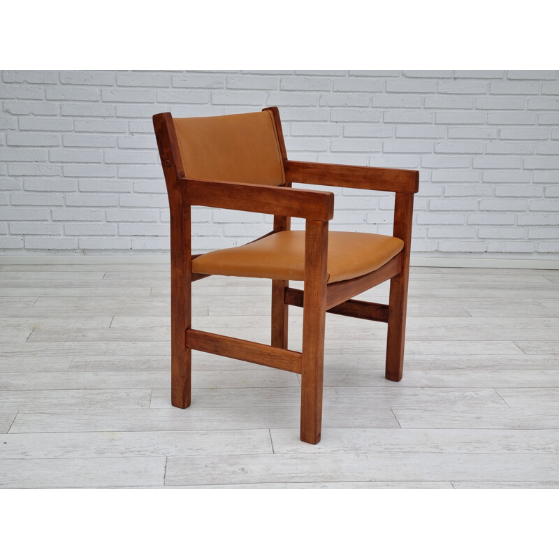 Set of 3 vintage armchairs in leather and beech wood by H.J.Wegner, 1960s