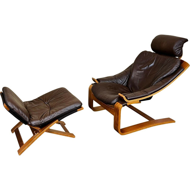 Vintage teak and leather armchair with ottoman by Ake Fribytter Nelo, Sweden 1960-1970