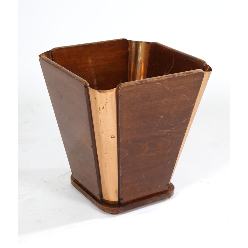 Vintage wood and copper wastebasket, 1930