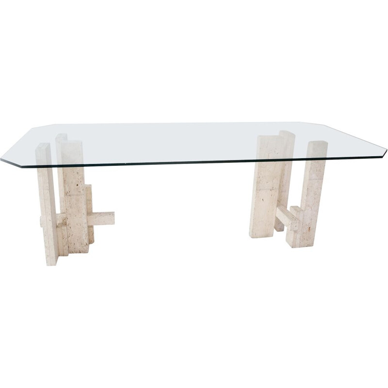 Vintage architectural table in travertine and glass by Willy Ballez, Belgium 1970