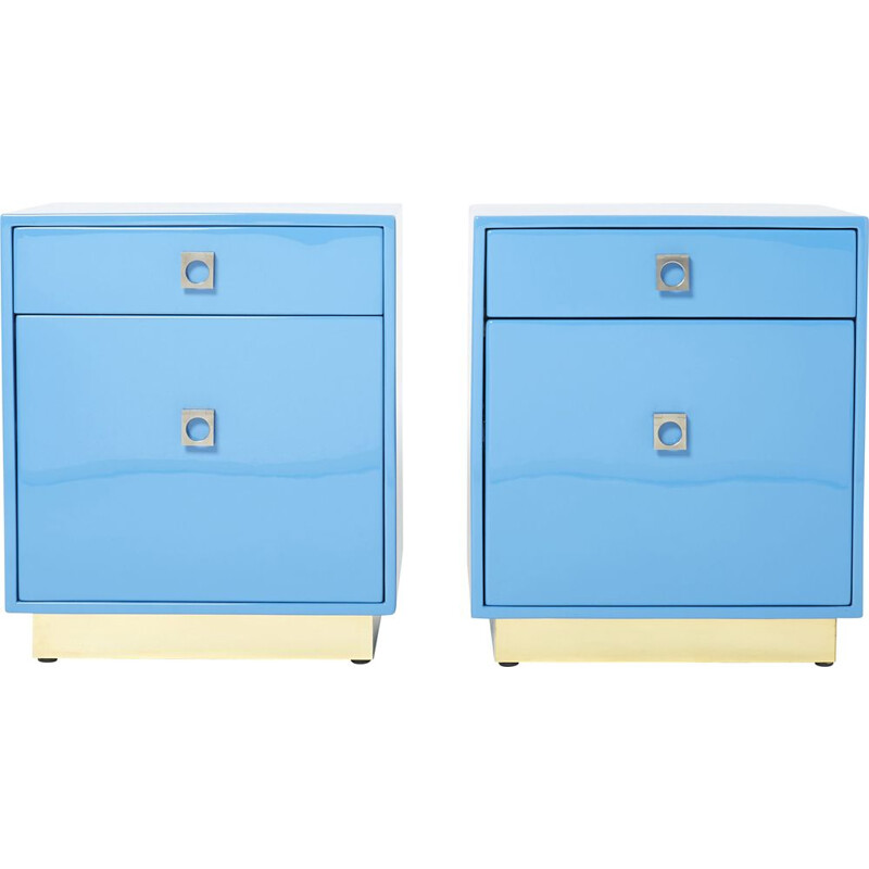 Pair of vintage night stands in blue lacquer by Guy Lefevre for Jansen, 1970