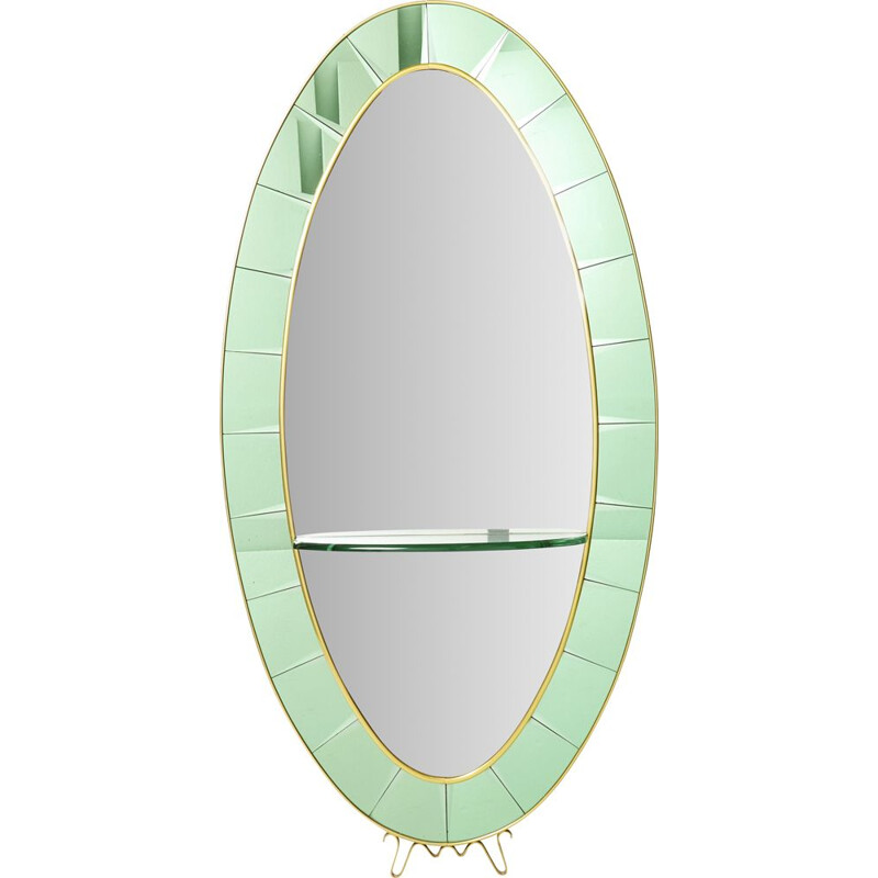 Espejo ovalado italiano vintage de latón y cristal verde de Cristal Arte, 1950