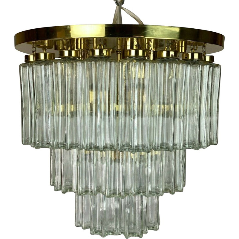 Vintage glass and brass chandelier from Glashütte Limburg, 1970
