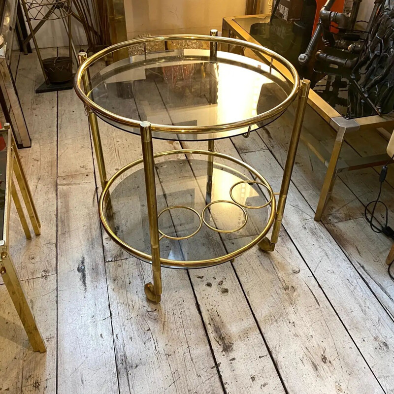 Vintage brass and smoked glass bar cart, 1970