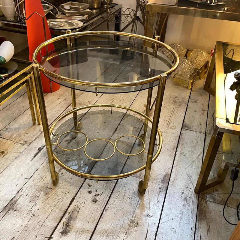 Vintage brass and smoked glass bar cart, 1970