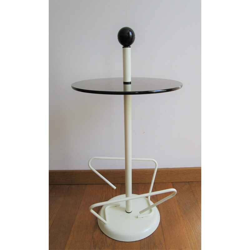 Vintage smoked glass and white lacquered metal side table, 1980s