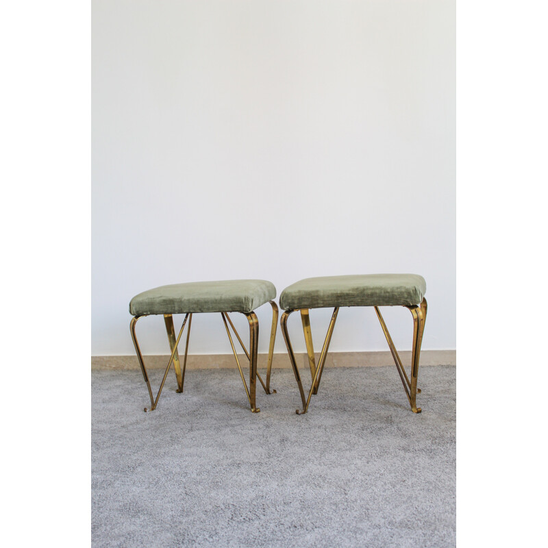 Pair of vintage brass and velvet benches by Jansen, Italy 1950s