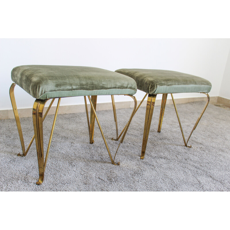 Pair of vintage brass and velvet benches by Jansen, Italy 1950s