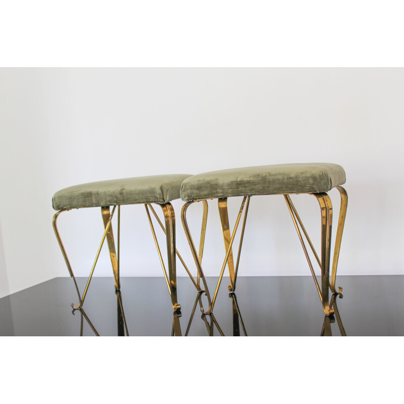 Pair of vintage brass and velvet benches by Jansen, Italy 1950s