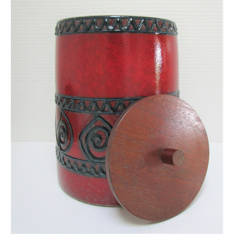 Vaso vintage in ceramica smaltata e legno, 1960