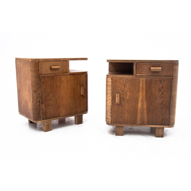 Pair of vintage Art Deco wood night stands, Poland 1950s