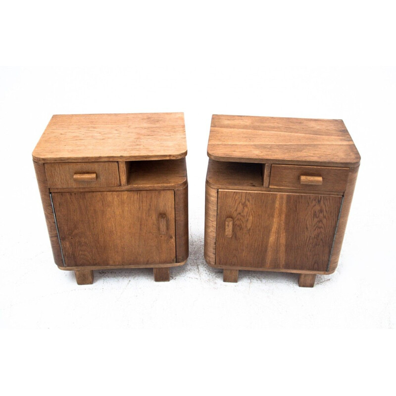 Pair of vintage Art Deco wood night stands, Poland 1950s