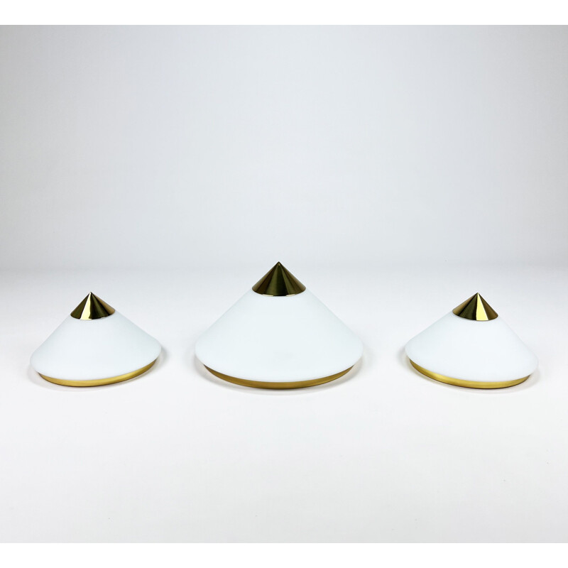 Set of 3 vintage Hollywood Regency brass and opaline glass wall lamps by Glashutte Limburg, 1970s