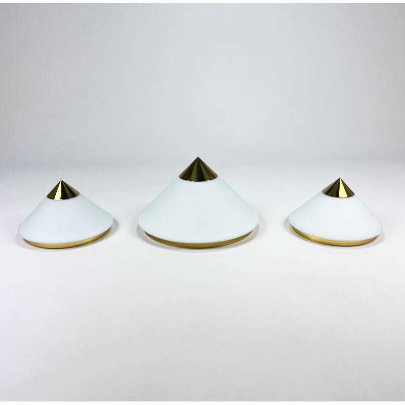 Set of 3 vintage Hollywood Regency brass and opaline glass wall lamps by Glashutte Limburg, 1970s