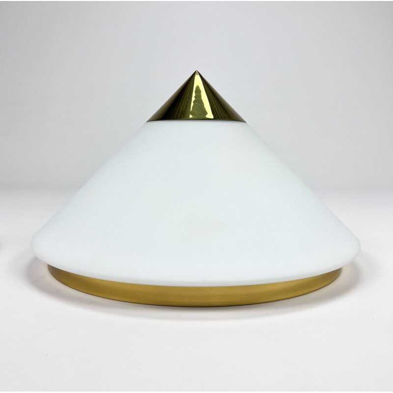 Set of 3 vintage Hollywood Regency brass and opaline glass wall lamps by Glashutte Limburg, 1970s