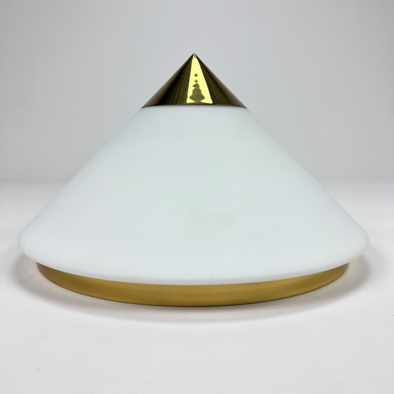 Set of 3 vintage Hollywood Regency brass and opaline glass wall lamps by Glashutte Limburg, 1970s