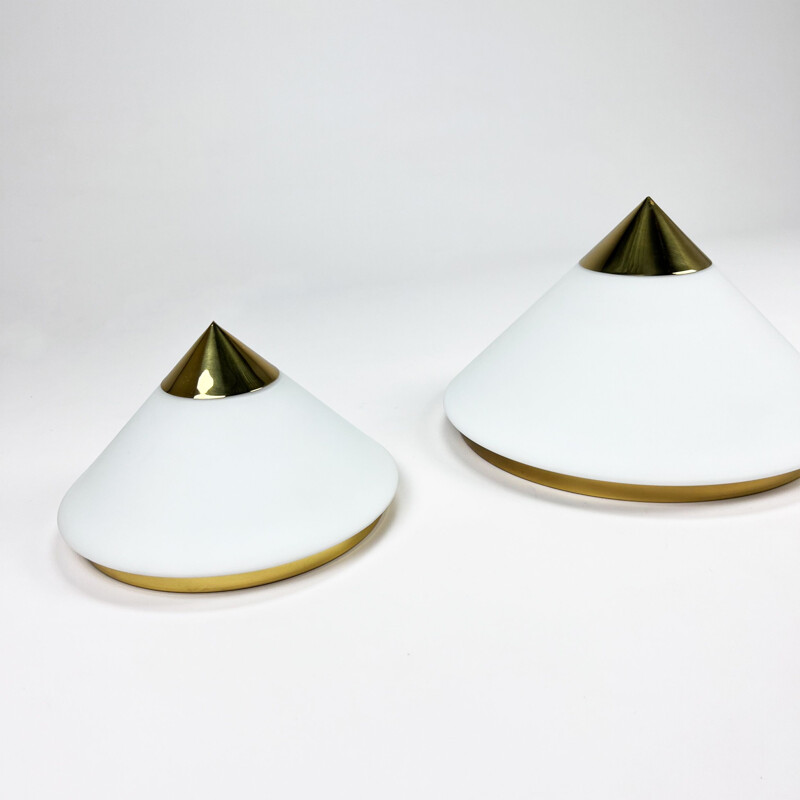 Set of 3 vintage Hollywood Regency brass and opaline glass wall lamps by Glashutte Limburg, 1970s