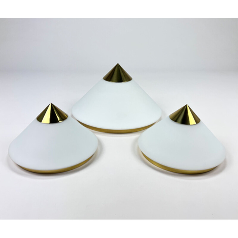 Set of 3 vintage Hollywood Regency brass and opaline glass wall lamps by Glashutte Limburg, 1970s