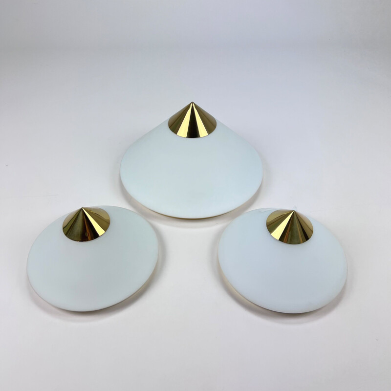 Set of 3 vintage Hollywood Regency brass and opaline glass wall lamps by Glashutte Limburg, 1970s