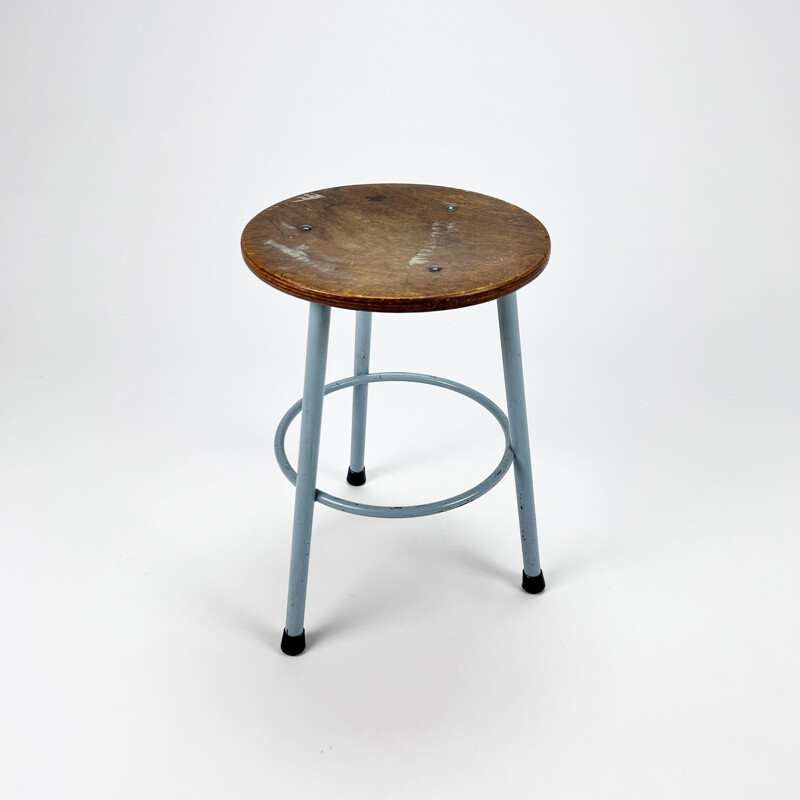 Vintage Dutch industrial steel and wood stool, 1960s