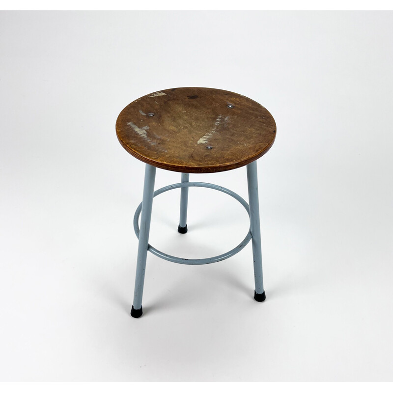 Vintage Dutch industrial steel and wood stool, 1960s