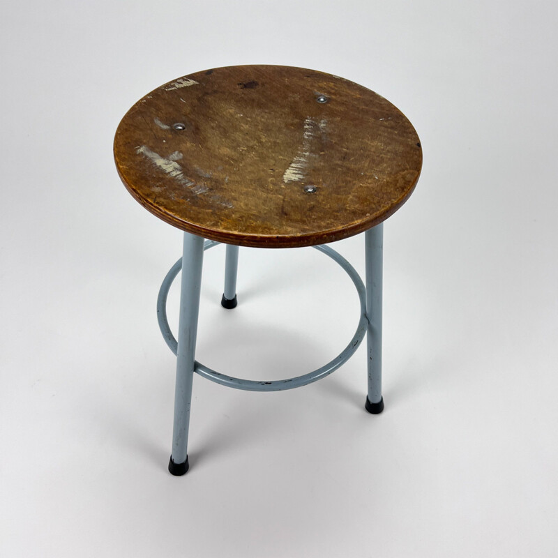 Vintage Dutch industrial steel and wood stool, 1960s