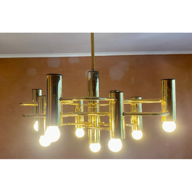 Vintage gilded brass chandelier by Gaetano Sciolari, Italy 1960s