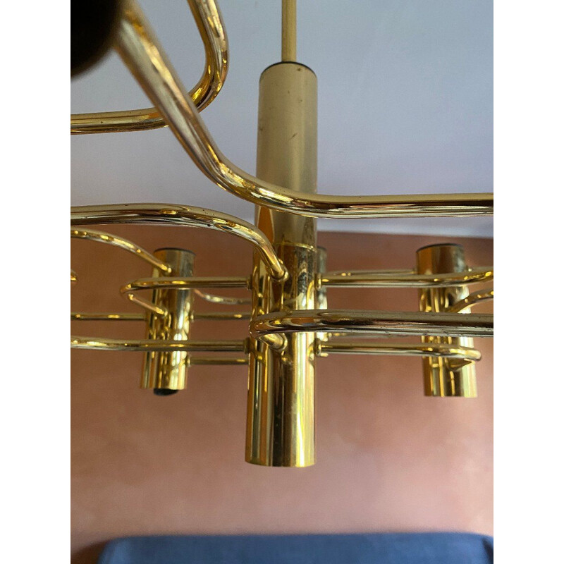 Vintage gilded brass chandelier by Gaetano Sciolari, Italy 1960s