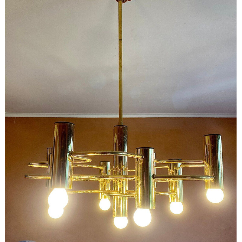 Vintage gilded brass chandelier by Gaetano Sciolari, Italy 1960s