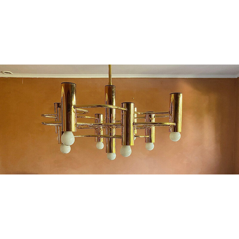 Vintage gilded brass chandelier by Gaetano Sciolari, Italy 1960s