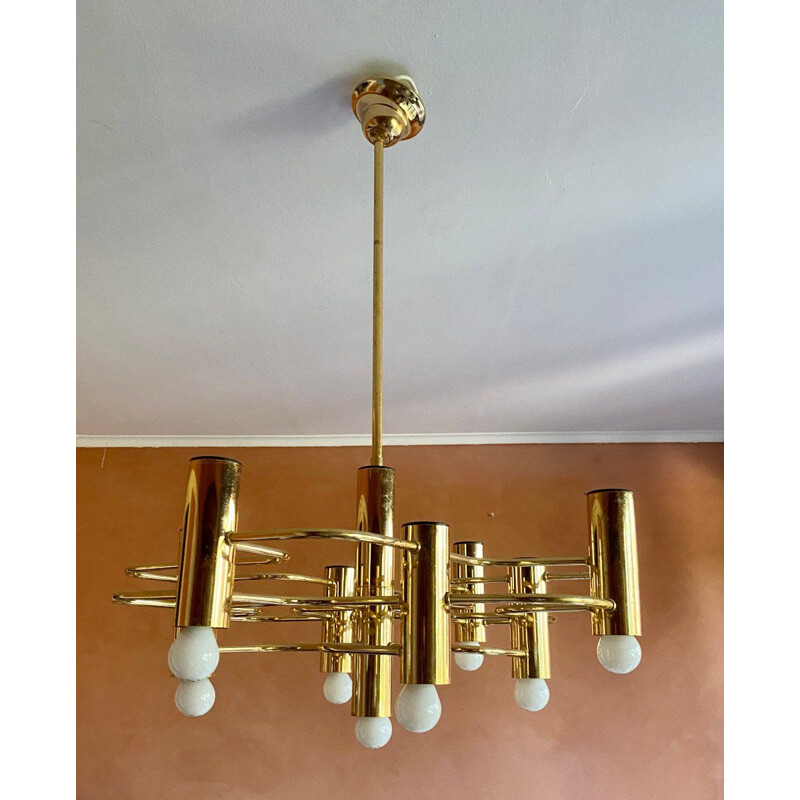 Vintage gilded brass chandelier by Gaetano Sciolari, Italy 1960s