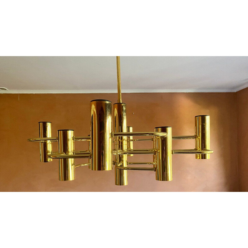 Vintage gilded brass chandelier by Gaetano Sciolari, Italy 1960s