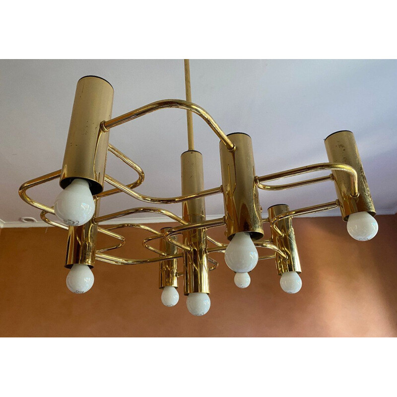 Vintage gilded brass chandelier by Gaetano Sciolari, Italy 1960s