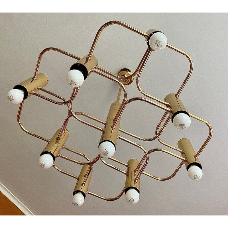 Vintage gilded brass chandelier by Gaetano Sciolari, Italy 1960s