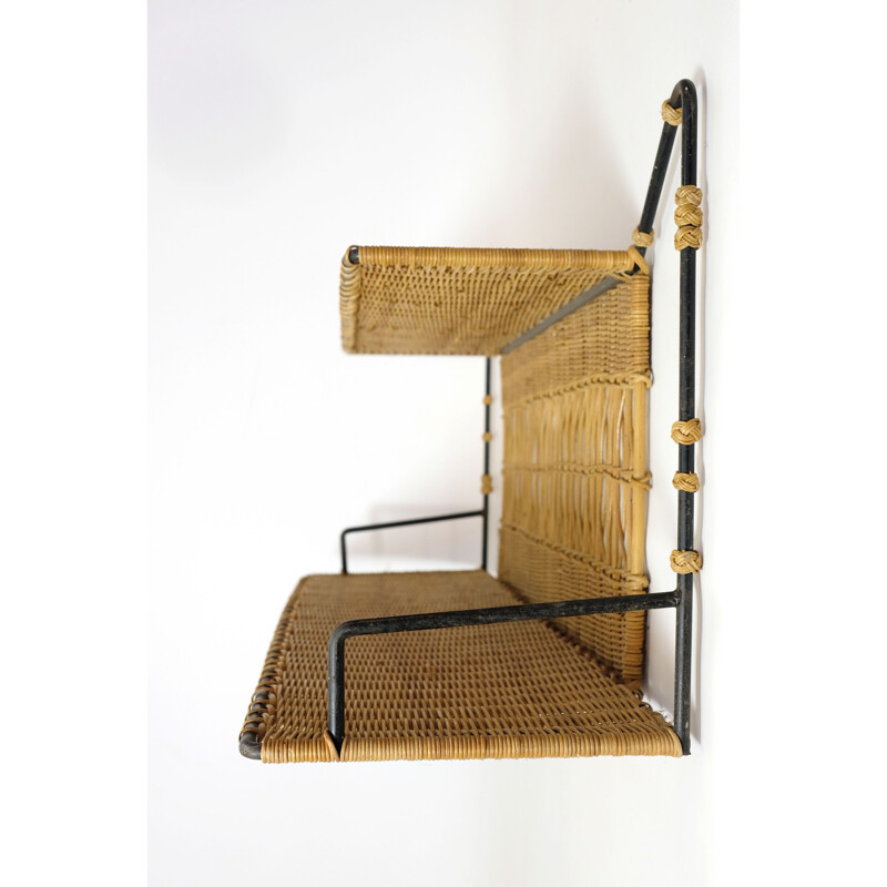 Vintage metal and wicker shelf, France 1960